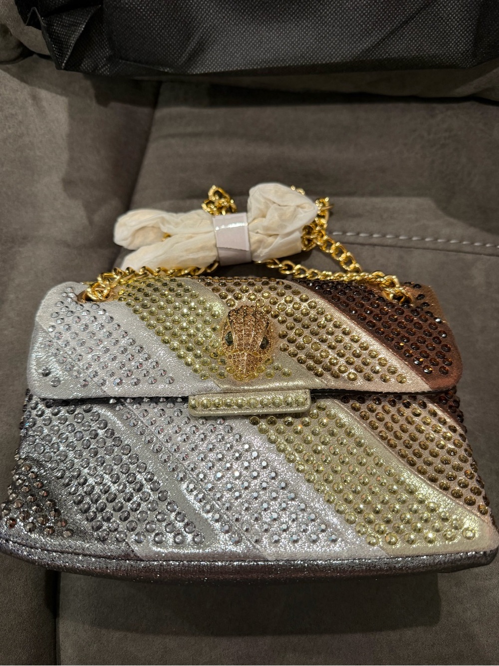 New Kurt Geiger Silver Gold Brown Crystal-Embellished Shoulder Bag - Picture 3 of 8
